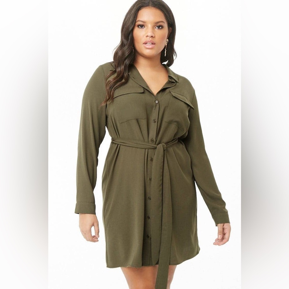 Forever 21 pocketed olive shirt dress